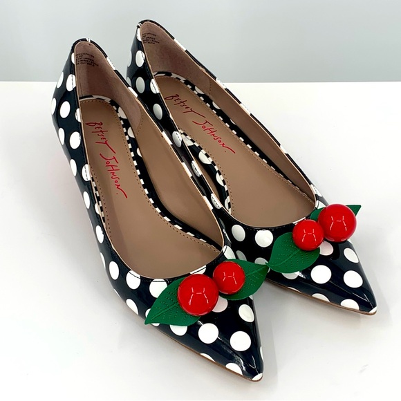 Betsey Johnson Shoes - BETSEY JOHNSON Women's Vesper Cherry Kitten-Heel Pump Size 6.5 Black White Dot